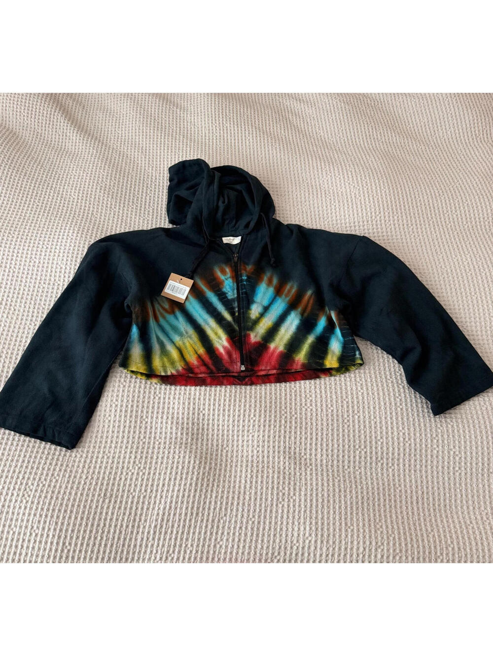 Nepal Lakhays Psychedelic Tie-Dye Cropped Full Zip Hoodie Size M/L